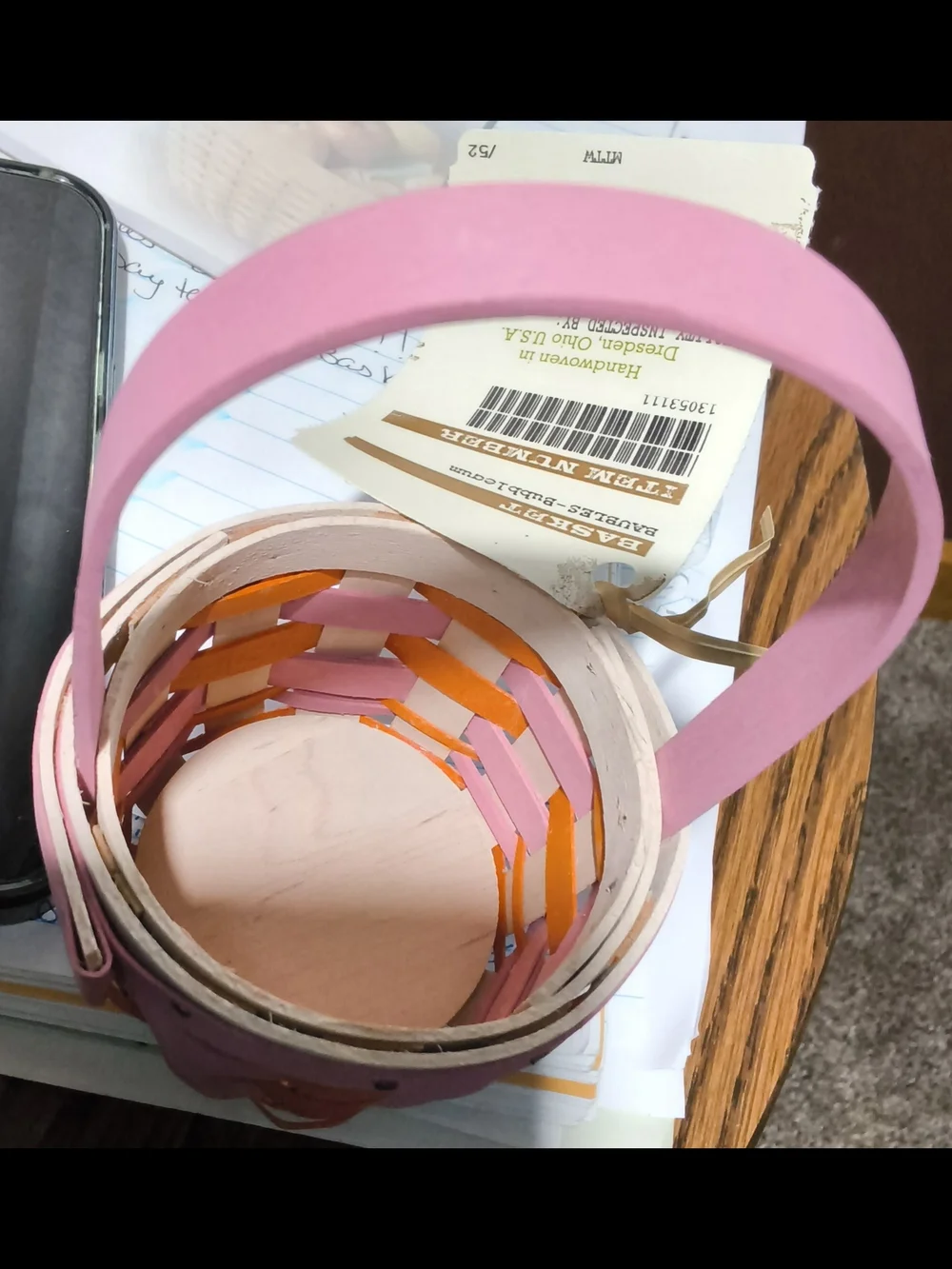 Longaberger Pink and Brown Woven Handle Basket